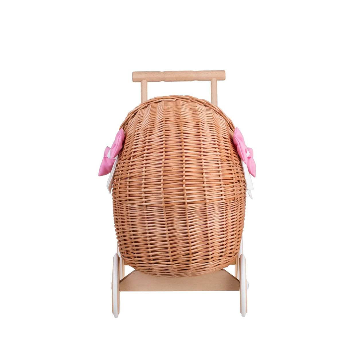 Handgefertigter Weiden Puppenwagen „Lili“ Natur – Nostalgie Holzwagen & Puppenbuggy inkl. rosa Bettset – Produktbild 3