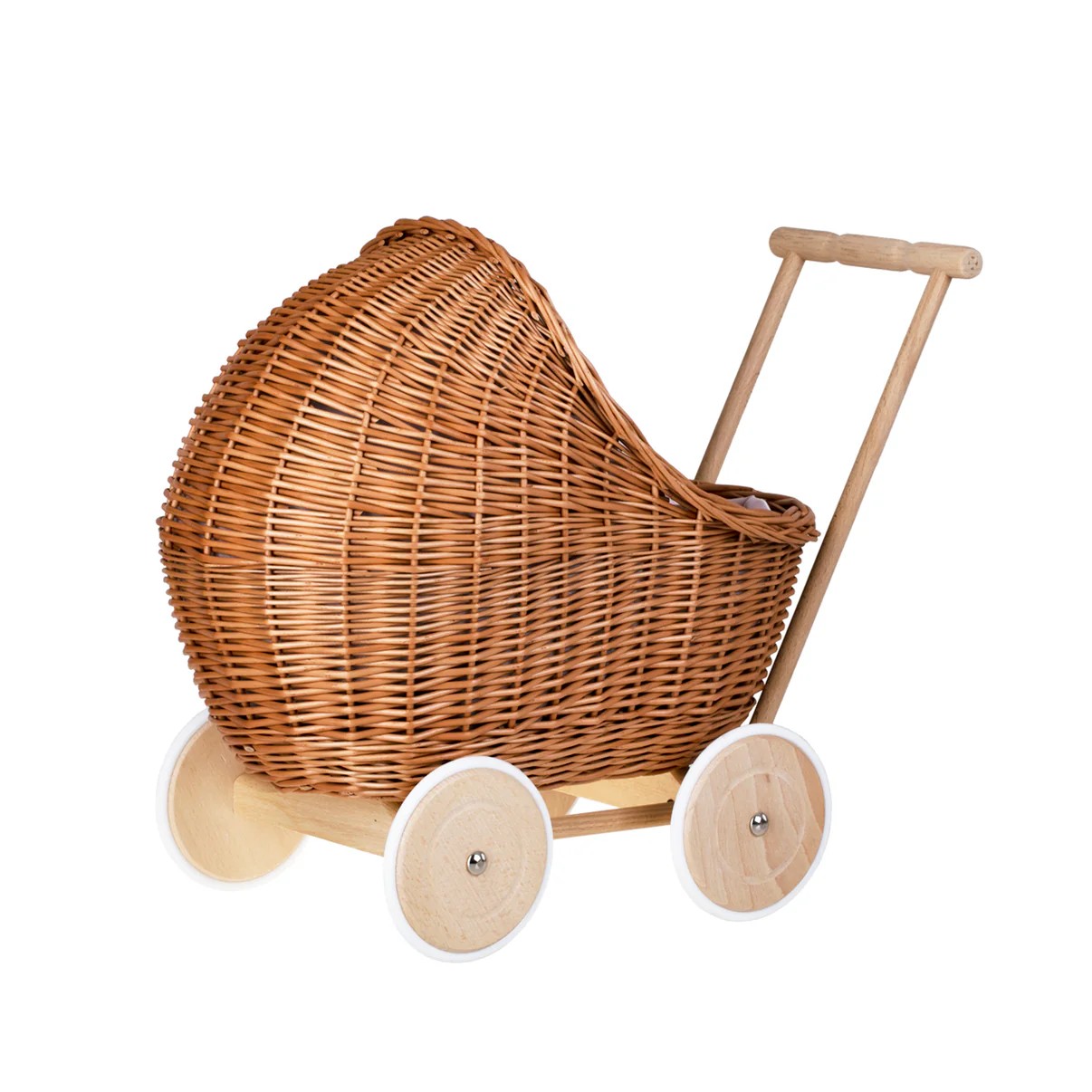 Handgefertigter Weiden Puppenwagen „Lili“ Natur – Nostalgie Holzwagen & Puppenbuggy inkl. rosa Bettwäsche – Produktbild 3