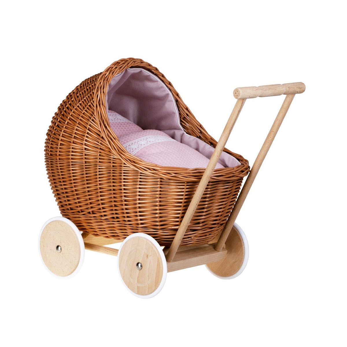 Handgefertigter Weiden Puppenwagen „Lili“ Natur – Nostalgie Holzwagen & Puppenbuggy inkl. rosa Bettwäsche – Produktbild 2