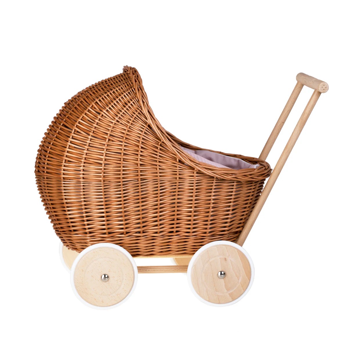 Handgefertigter Weiden Puppenwagen „Lili“ Natur – Nostalgie Holzwagen & Puppenbuggy inkl. rosa Bettwäsche – Produktbild 1