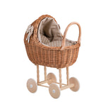 Handgefertigter Weiden-Puppenwagen „Lena“ Natur – inklusive beigem Bettset – Produktbild 3