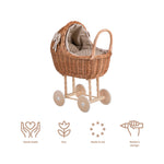 Handgefertigter Weiden-Puppenwagen „Lena“ Natur – inklusive beigem Bettset – Produktbild 1