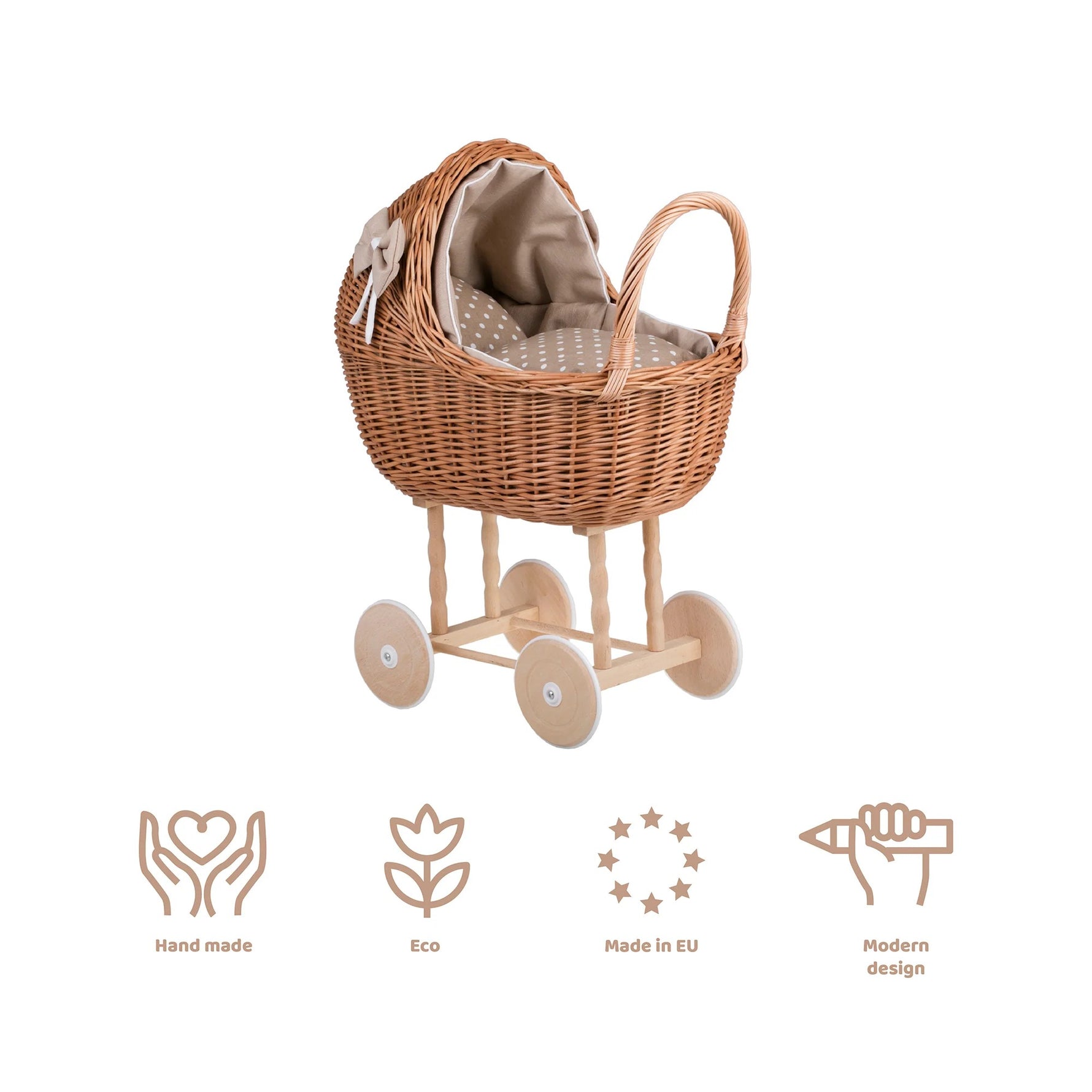 Handgefertigter Weiden-Puppenwagen „Lena“ Natur – inklusive beigem Bettset – Produktbild 1