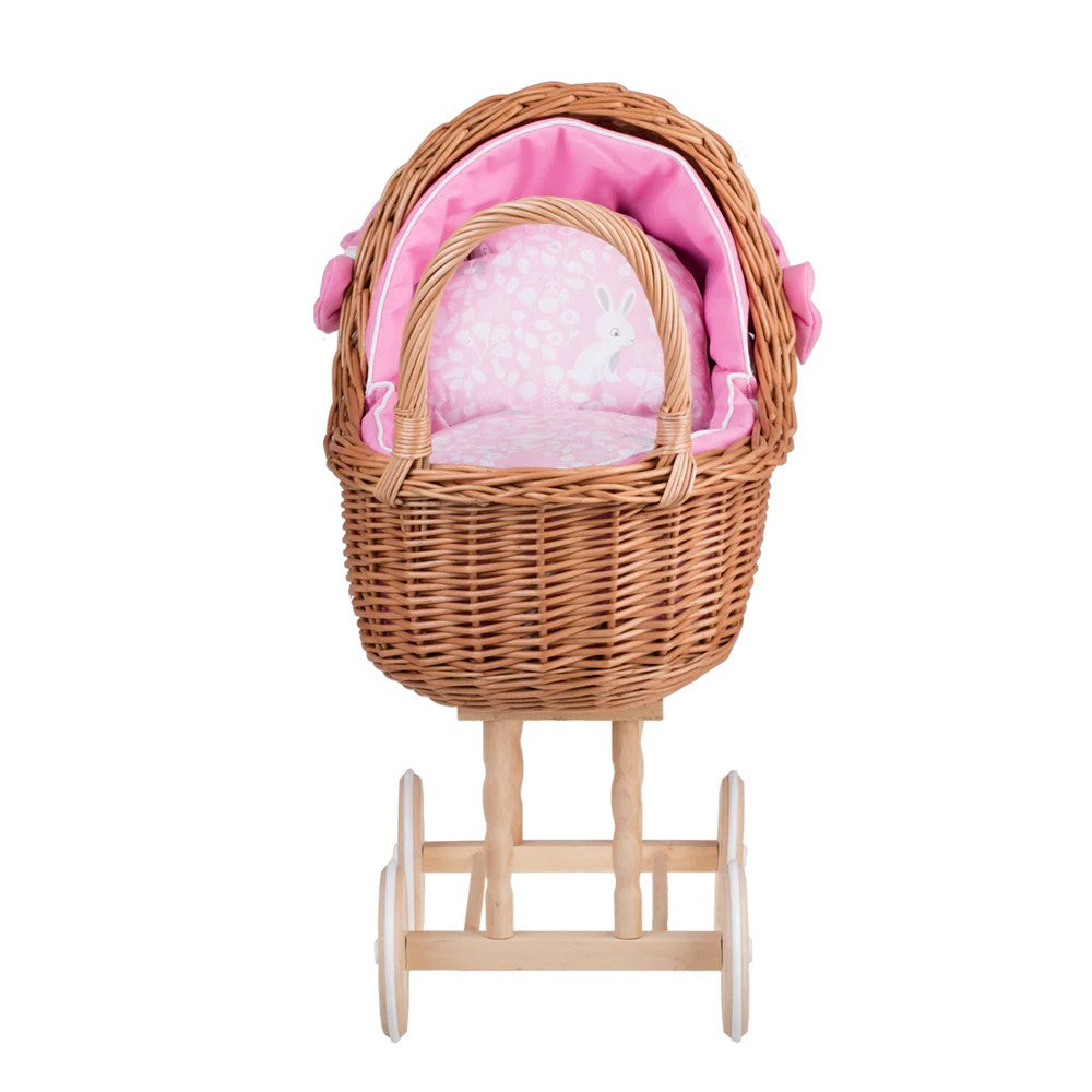 Handgefertigter Weiden Puppenwagen „Lena“ – Nostalgie Holzwagen & Puppenbuggy inkl. rosa Bettset – Produktbild 2