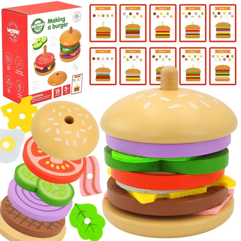 Montessori Burger-Spielzeug aus Holz – Hamburger Lernspiel & Kinderküche Zubehör 15 Teile – Produktbild 2