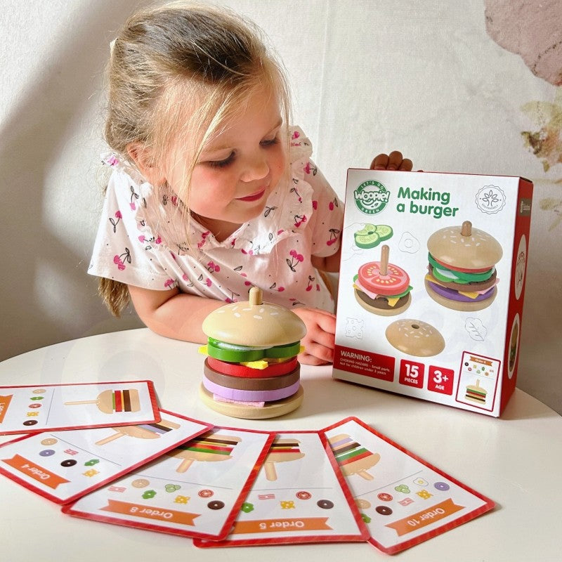 Montessori Burger-Spielzeug aus Holz – Hamburger Lernspiel & Kinderküche Zubehör 15 Teile – Produktbild 1