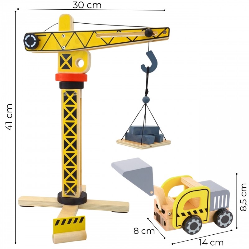 Montessori Baustelle Spielzeug aus Holz – 5-in-1 Holzkran & Baufahrzeuge Set 13 Teile – Produktbild 2