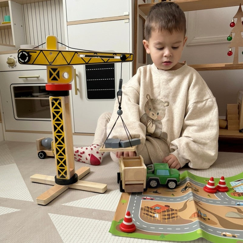 Montessori Baustelle Spielzeug aus Holz – 5-in-1 Holzkran & Baufahrzeuge Set 13 Teile – Produktbild 1
