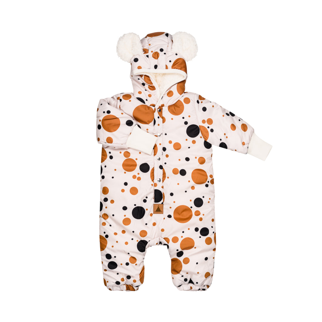 Winter-Jumpsuit mit Teddyfutter für Babys und Kinder – Schwarz mit orangefarbenen Punkten – Produktbild 1